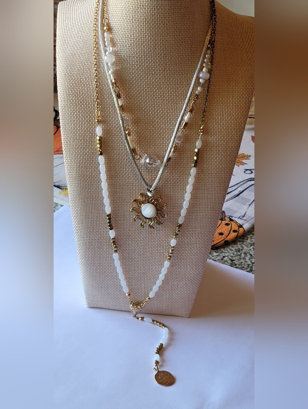 Free People White and Gold Layered Sun Medallion Necklace